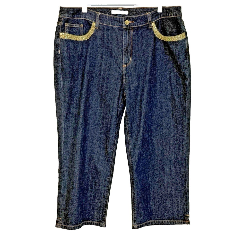 Chico's Platinum Jennie M Crop Jeans Size 3 XL Dark Wash Gold Detail Stretch NEW